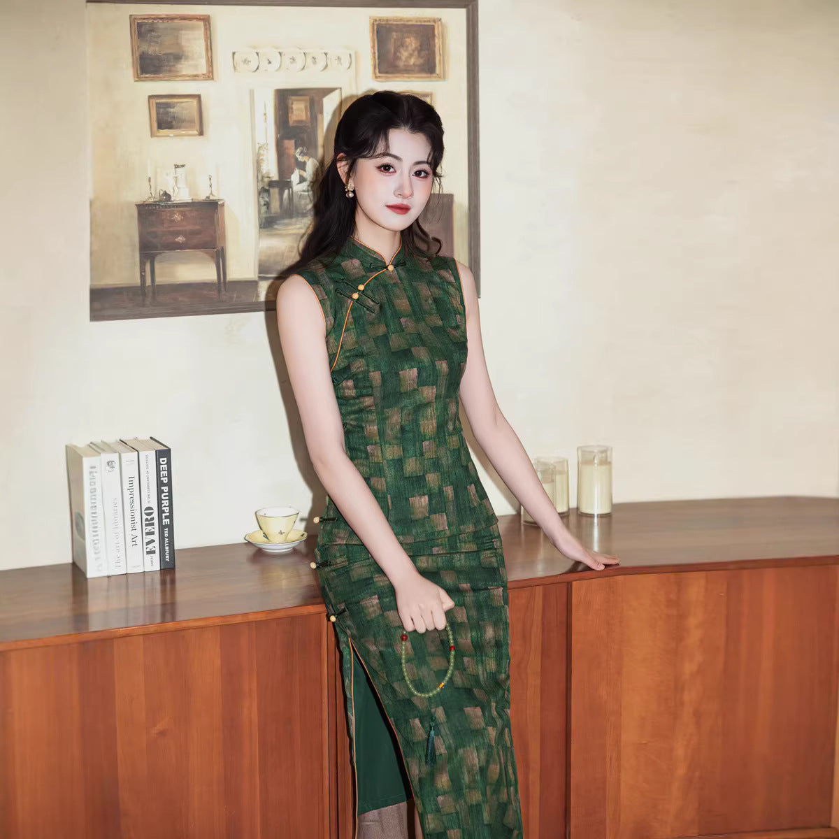 Green Checker Jacquard Sleeveless Qipao Dress | Mandarin Collar Slim Maxi Cheongsam