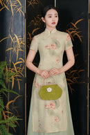 Mint-Green Watercolor Lotus Qipao Midi | Mandarin Short Sleeves