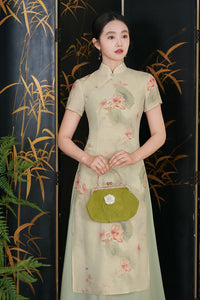 Mint-Green Watercolor Lotus Qipao Midi | Mandarin Short Sleeves