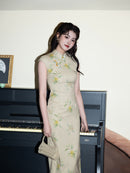 Apricot Embroidered Sleeveless Qipao Dress | Mandarin Collar Slim Maxi Cheongsam