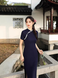 Navy Minimalist Short Sleeve Qipao Dress | Mandarin Collar Slim Maxi Cheongsam
