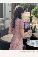 Elegant Pink Cherry Blossom Cheongsam Dress with Delicate Button Detailing