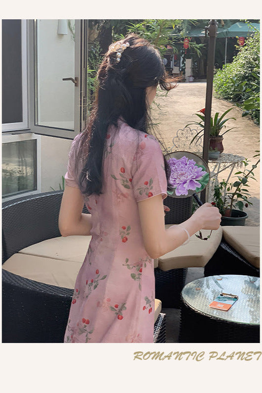 Elegant Pink Cherry Blossom Cheongsam Dress with Delicate Button Detailing