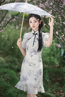 Light Bamboo Leaf Floral Qipao Dress for Women | Mandarin Collar Frog Button Slim Fit with Ruffle Detail