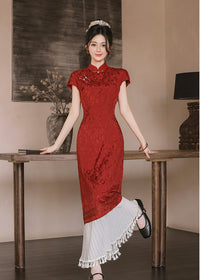 Wine Red Jacquard Mandarin Qipao Dress | A-Line Slim Waist Layered Pleated Tassel Skirt New Chinese Style