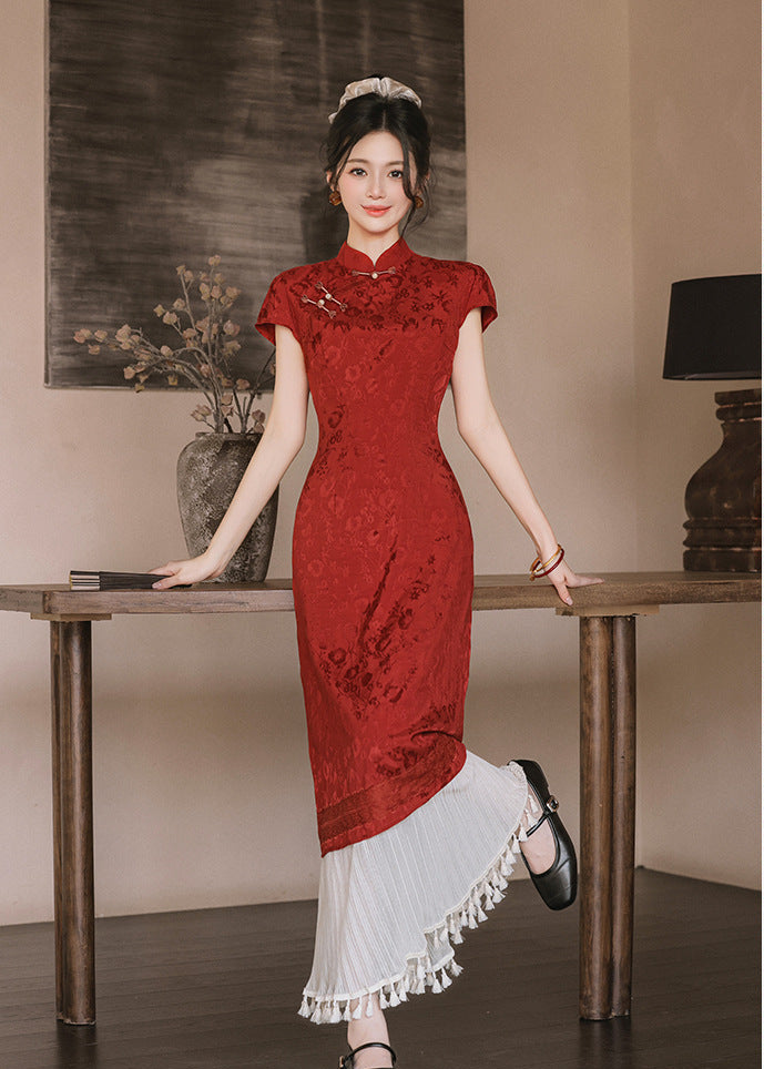 Wine Red Jacquard Mandarin Qipao Dress | A-Line Slim Waist Layered Pleated Tassel Skirt New Chinese Style