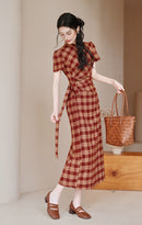 Red Check Modern Chinese Qipao Dress | Picnic & Day Trip Ready