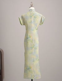 Spring Sleeveless Green Qipao Long Dress | Watercolor Floral