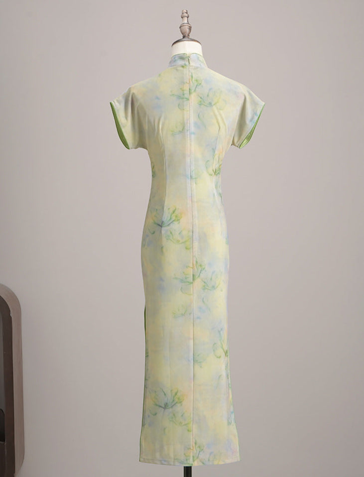 Spring Sleeveless Green Qipao Long Dress | Watercolor Floral