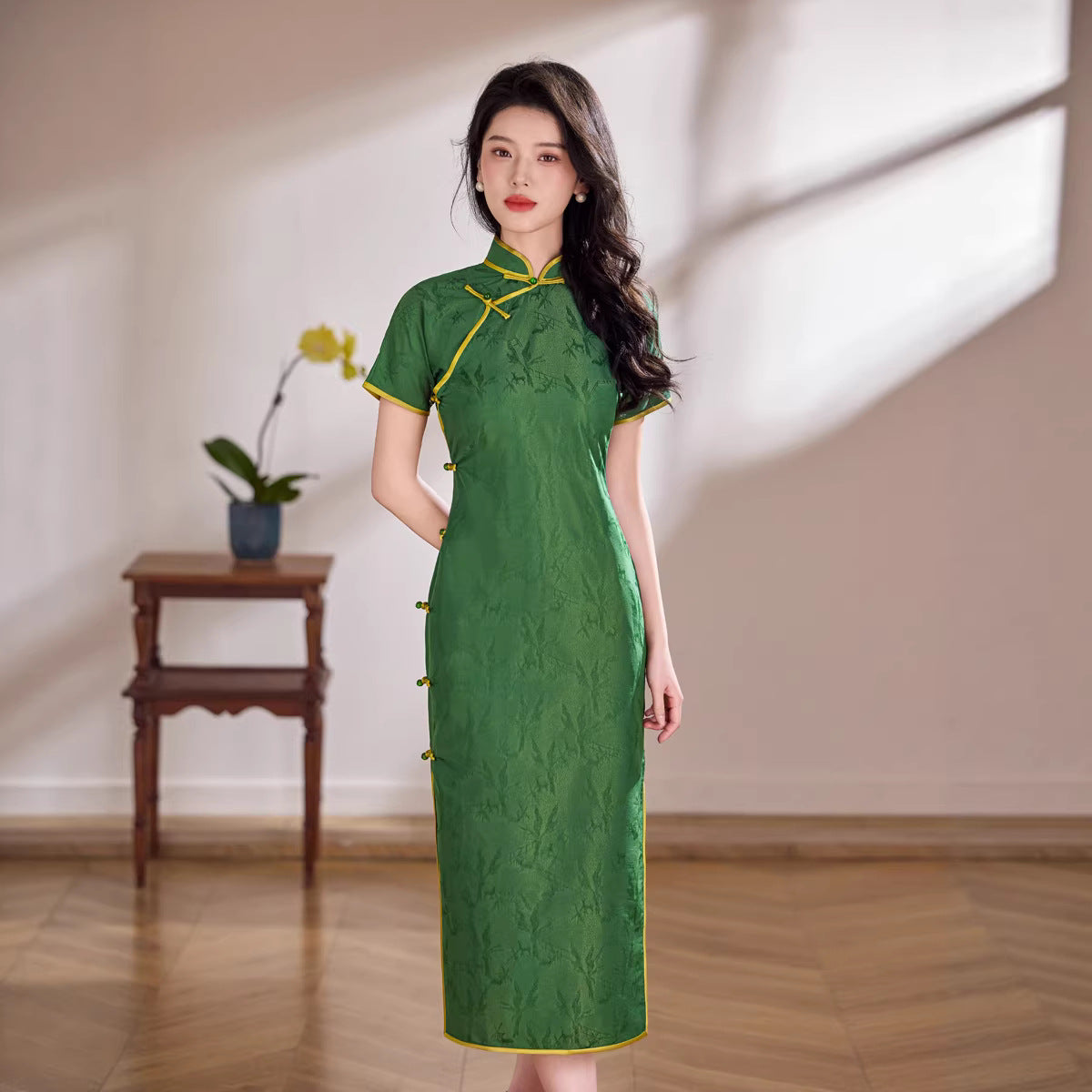 Emerald Green Tonal Jacquard Short Sleeve Qipao Maxi Dress |  Piping Slim Cheongsam