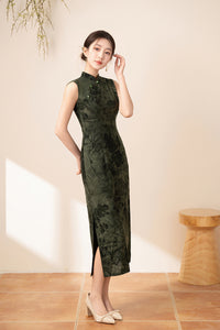 Forest Green Jacquard Sleeveless Qipao Dress | Mandarin Collar Slim Maxi Cheongsam