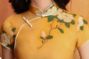 Mist-Gold Vintage Floral Qipa | Mandarin Collar & Frog Buttons