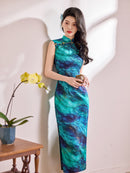 Peacock Blue Ink-Wash Sleeveless Qipao Maxi Dress | Mandarin Collar Slit Cheongsam