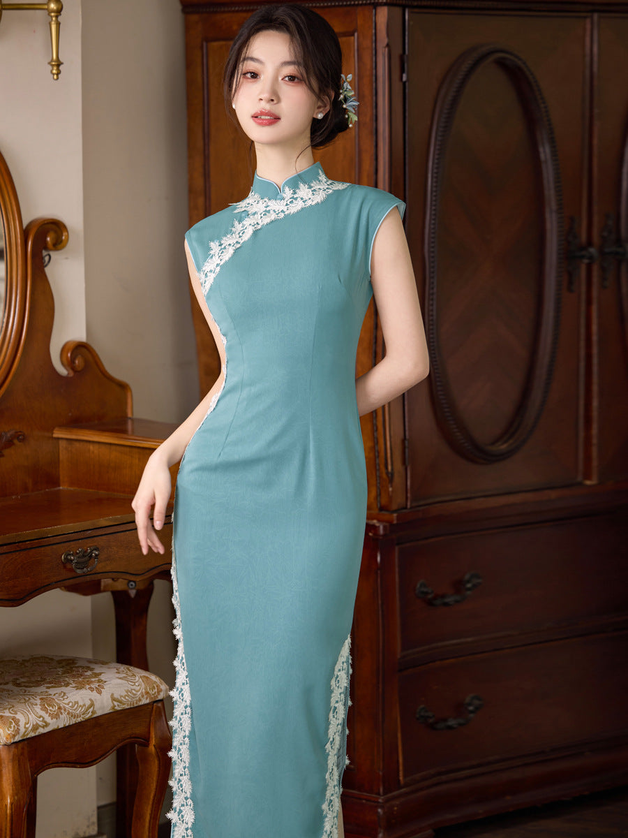 Vintage Cool Tone Qipao | Acetate Faux Hand-Grabbed Floral Design | Elegant Blue Slim Dress