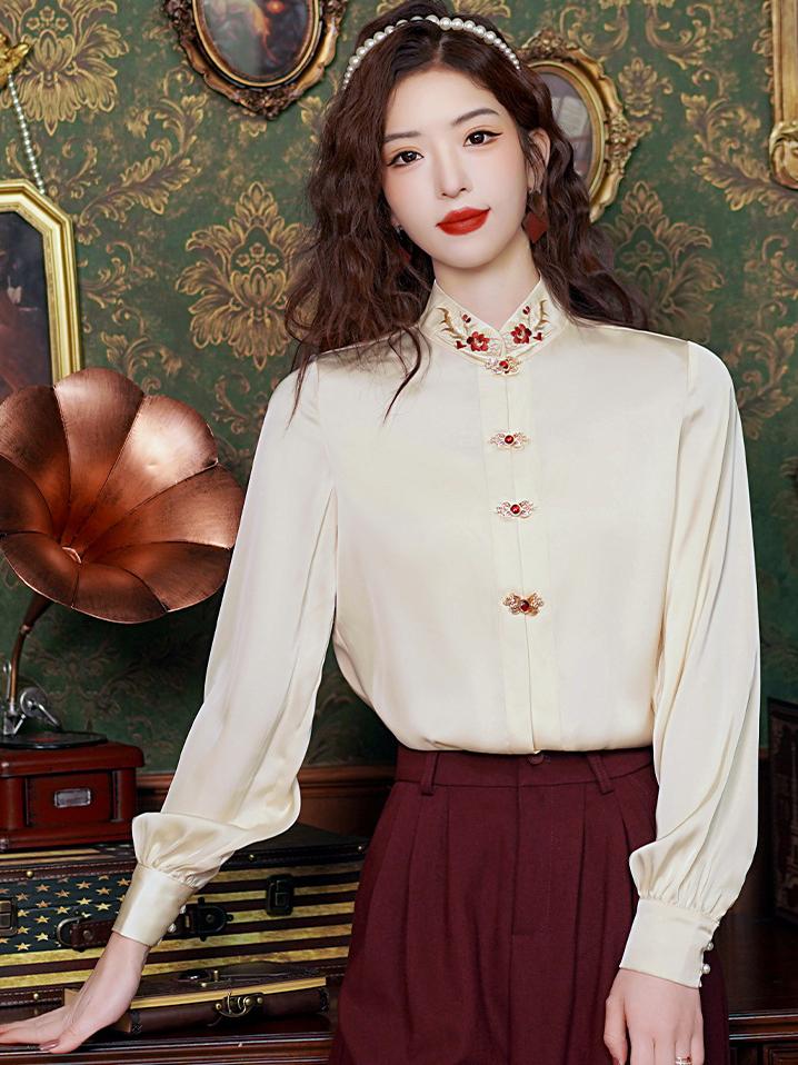 Silk Mandarin Collar Blouse With Embroidered Buttons - Elegant Traditional Design