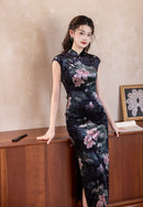 Black Vintage Floral Qipao Maxi | Mandarin Collar & Frog Buttons