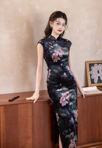 Black Vintage Floral Qipao Maxi | Mandarin Collar & Frog Buttons