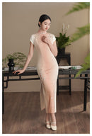 Traditional Half-Mandarin Jacquard Qipao | Vintage Style Pink Dress with Side Slit | Slim Fit Design