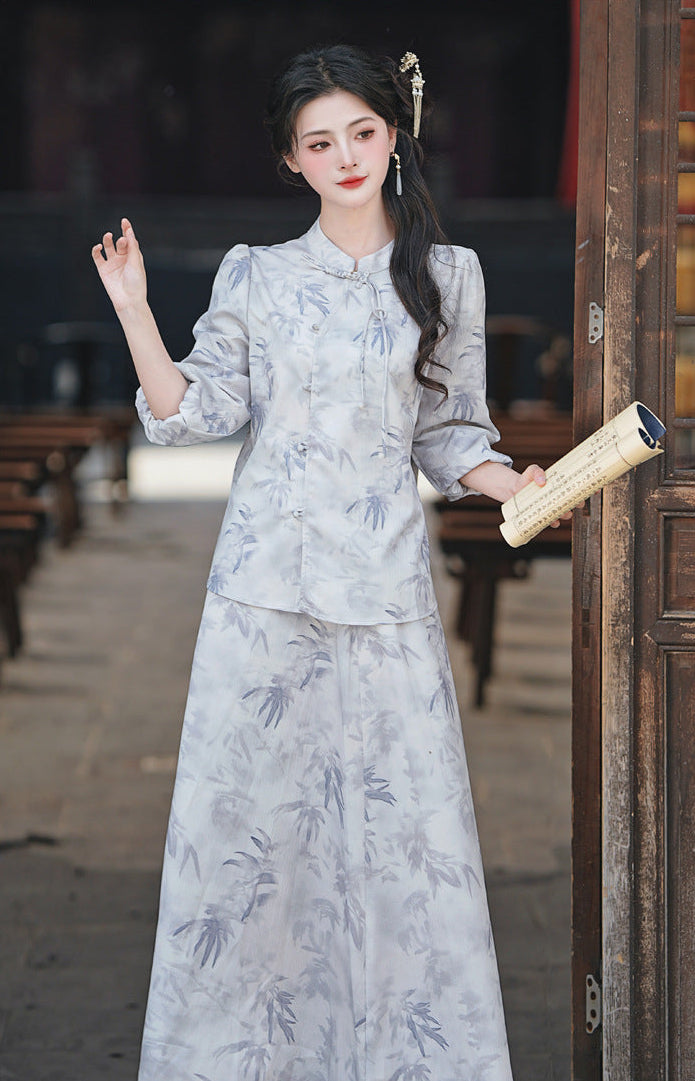Mist-Grey Ink-Print Modern Hanfu Set | Mandarin-Collar Puff-Sleeve Top & High-Waist Skirt