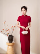 Red Slim Short-Sleeve Long Qipao Dress | Mandarin Collar Frog Button Side Slit Gown