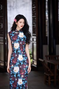 New Chinese Vintage Oil-Paint Floral Qipao Dress Black Base Blue Burgundy