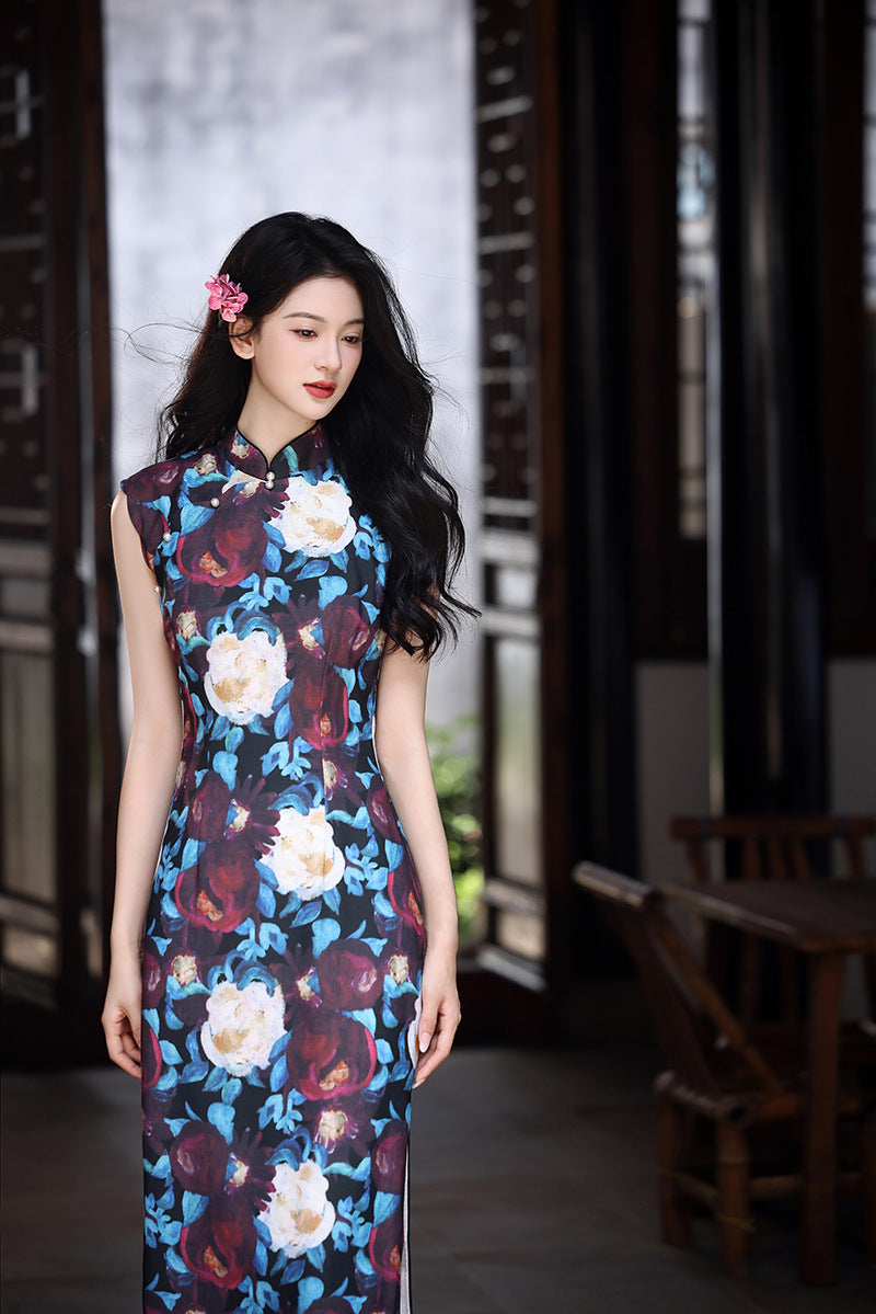 New Chinese Vintage Oil-Paint Floral Qipao Dress Black Base Blue Burgundy