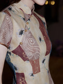 New Chinese Patchwork Print Qipao Dress | Mandarin Collar Short Sleeve Slim Midi Cheongsam