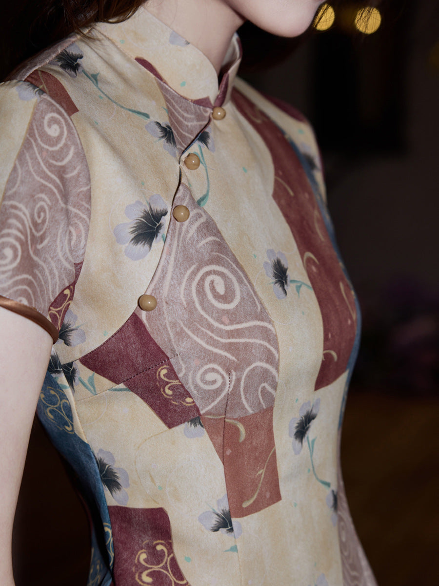 New Chinese Patchwork Print Qipao Dress | Mandarin Collar Short Sleeve Slim Midi Cheongsam