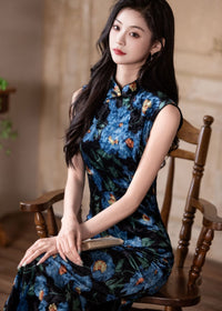 Blue Floral Vintage Sleeveless Slim Qipao Dress