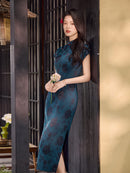 Teal Blue Rose Jacquard Short Sleeve Qipao Maxi Dress | Mandarin Collar Slim Slit Cheongsam