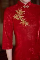 Crimson Bamboo-Embroidered Modern Qipao Midi | Mandarin Collar with Beaded Button
