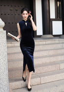 Velvet Sleeveless Qipao Dress | Mandarin Collar Keyhole Slim Cheongsam Midi
