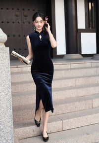 Velvet Sleeveless Qipao Dress | Mandarin Collar Keyhole Slim Cheongsam Midi