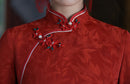 Red Jacquard Qipao Dress | Mandarin Collar, Asymmetric Frog Buttons | Slim Silhouette with Side Slit