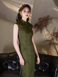 Green Jacquard Sleeveless Qipao Dress | Mandarin Collar Slim Maxi Cheongsam