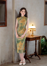 Vintage Yellow & Green Gradient Qipao Long Slim Dress