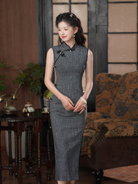 Grey Sleeveless Slim Mandarin Qipao Dress with Black Piping Pearl Frog Buttons Side Slit
