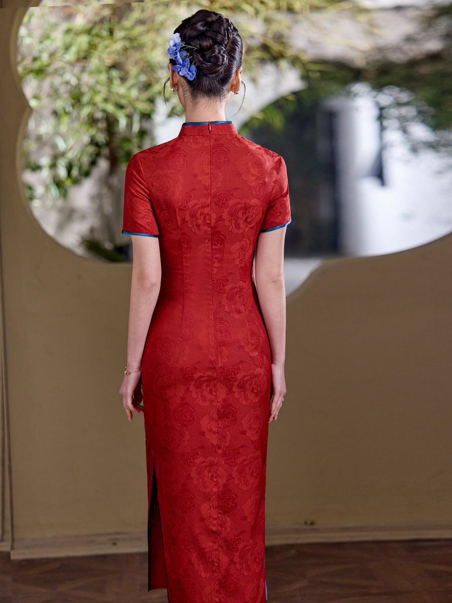 Burgundy Blue-Piping Tonal Jacquard Short Sleeve Qipao Maxi Dress | Mandarin Collar Slit Cheongsam