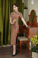 Modern Chinese Retro Striped Qipao Dress | Mandarin Collar Frog Buttons Slim Midi Side Slit
