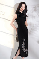 Black Embroidered Modern Qipao Midi | Sleeveless Mandarin Neck, Beaded Frogs