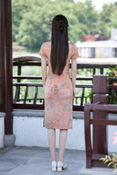Peach Floral Short Qipao Dress for Women | Green Piping Frog Buttons Mandarin Collar Slim Fit
