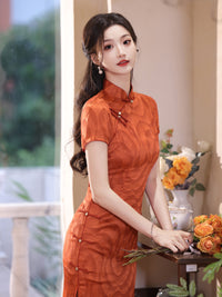 Rust Orange Jacquard Qipao Dress Short Sleeve Slim Mandarin Collar