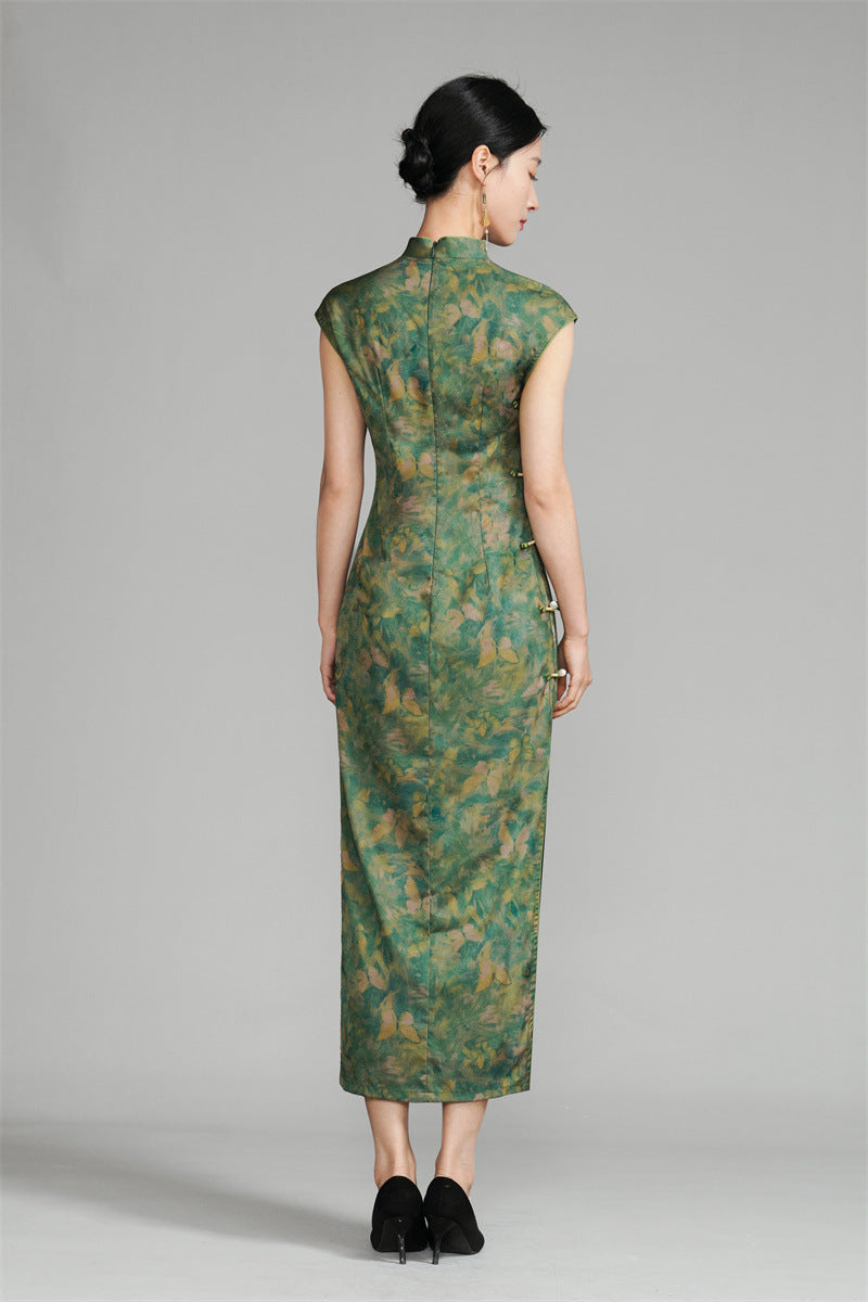 Shanghai Vintage Style Jacquard Satin Qipao | Sleeveless Long Cheongsam