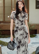 Ink-Wash Modern Qipao Midi | Short Sleeves & Black-Grey