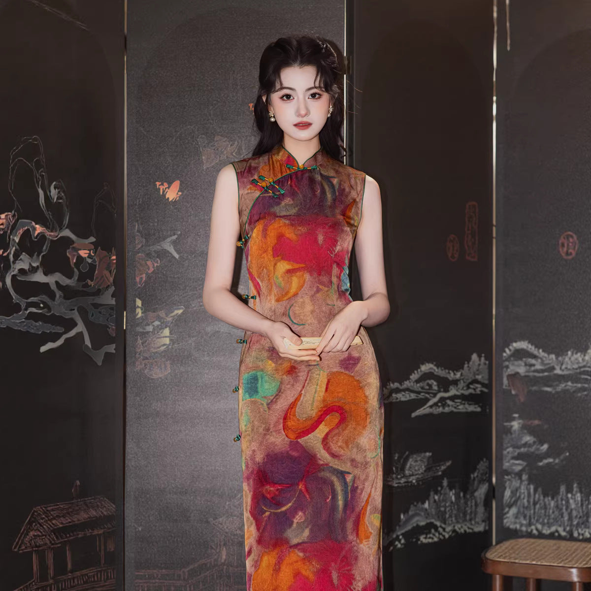 Retro Orange Sleeveless Qipao Dress | Mandarin Collar Slim Midi Cheongsam