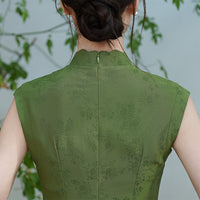 Mint-Green Jacquard Modern Qipao Maxi | Mandarin Neck, Floral Frog Buttons