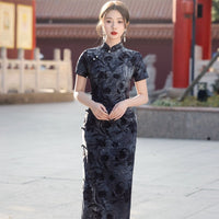 天鹅绒黑色碎花旗袍连衣裙优雅晚装风格