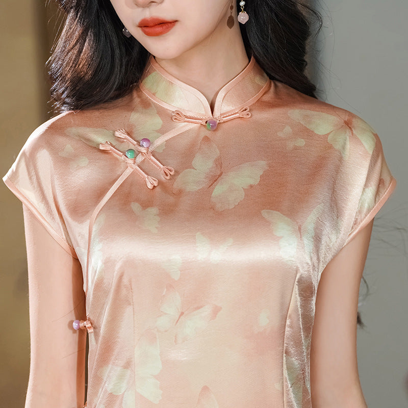 Peach Champagne Butterfly-Jacquard Modern Qipao Midi