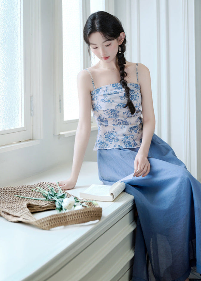 Chinese-Style Blue-and-White Camisole Set | Fresh Blue Sheer Midi Skirt