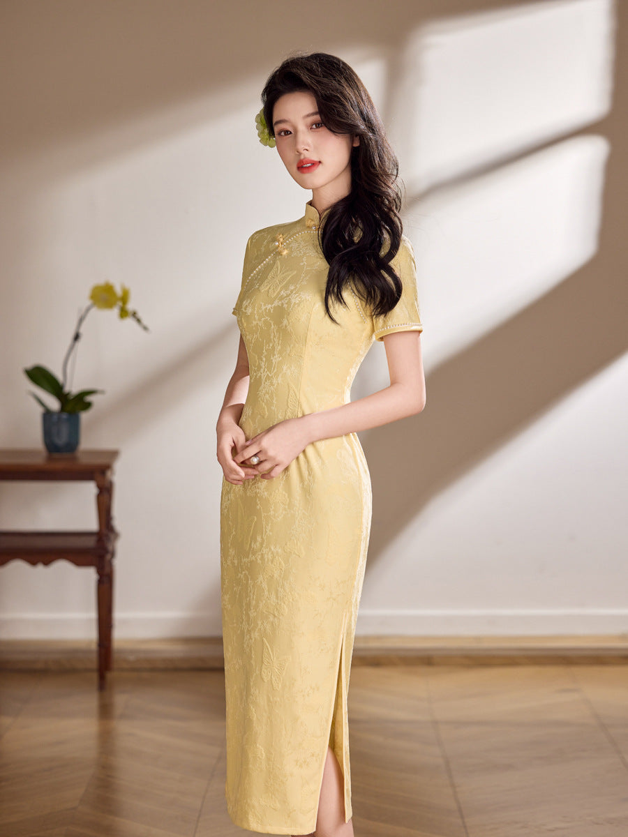Champagne Pink Tonal Jacquard Short Sleeve Qipao Maxi Dress | Mandarin Collar Slit Cheongsam